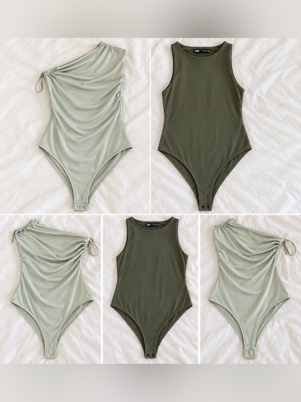 Zara Olive Green Sleeveless Bodysuit with Light Mint One-Shoulder Bodysuit Duo